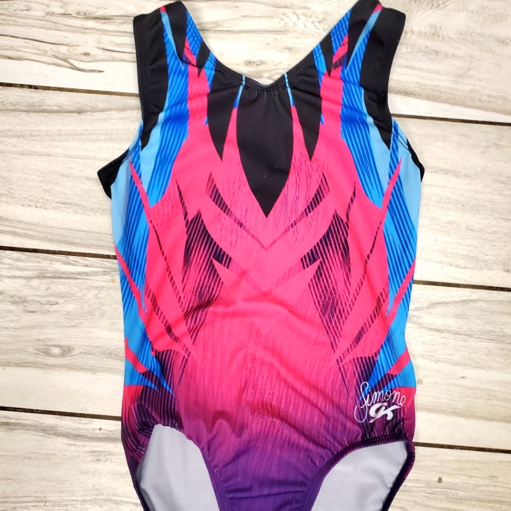SIMONE BILES GK Elite Adult Small Gymnastics Dance Leotard Black Pink Blue OLYMP